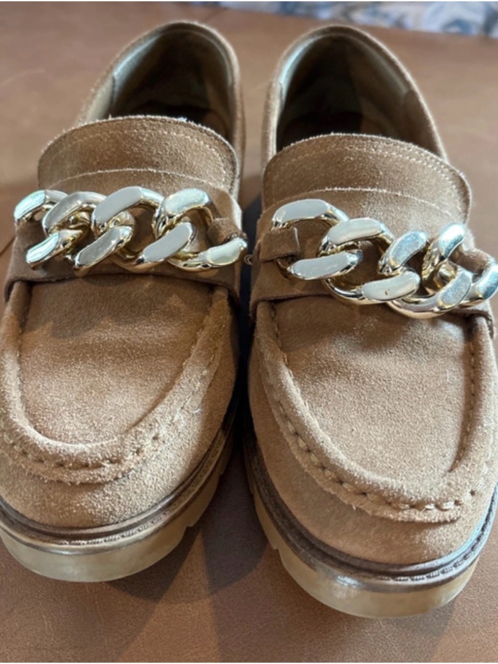 Suede Chain-Link Loafers - Tan